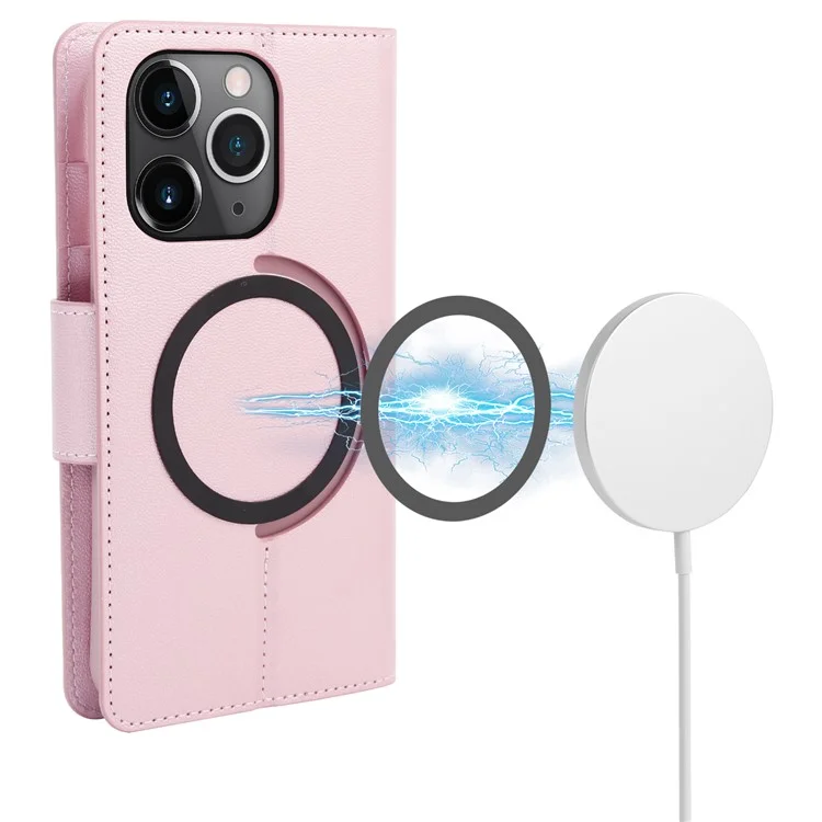 HANMAN Mini Series For iPhone 14 Pro Max Phone Case Compatible with MagSafe PU Leather Wallet Stand Cover - Rose Gold