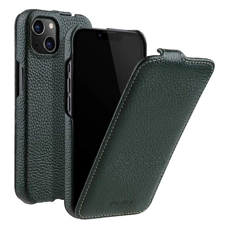 MELKCO For iPhone 13 Vertical Flip Phone Case Litchi Texture Genuine Cow Leather+PC Protective Shell Cover - Dark Green