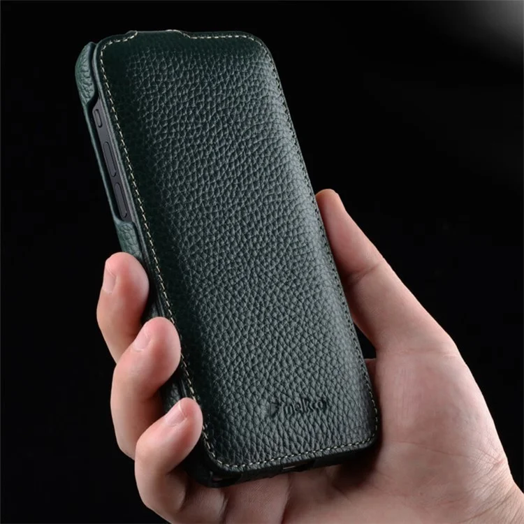 MELKCO For iPhone 13 Vertical Flip Phone Case Litchi Texture Genuine Cow Leather+PC Protective Shell Cover - Dark Green