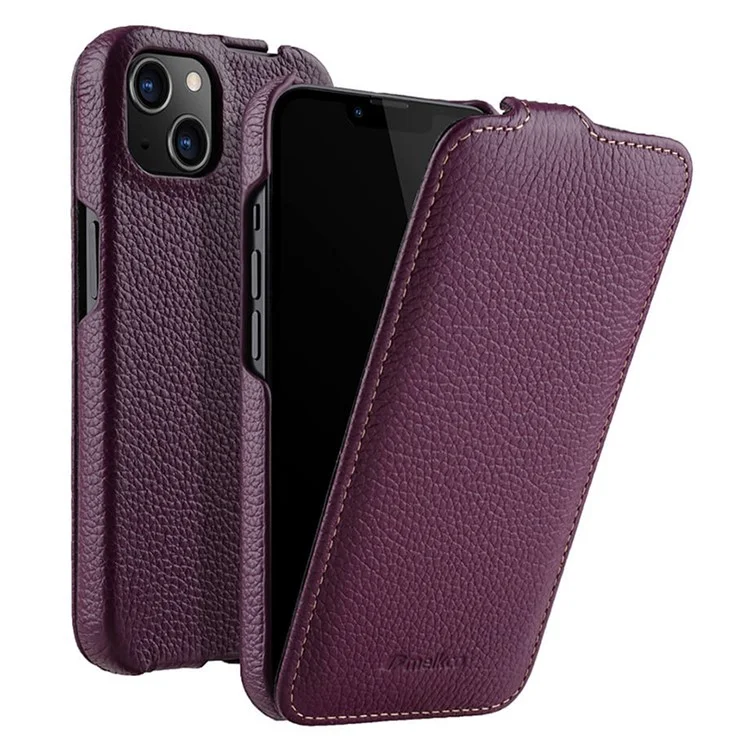 MELKCO Für iPhone 13 mini Echtes Rindsleder + PC Handyhülle Vertikale Klappe Litchi Textur Schutzhülle - Lila