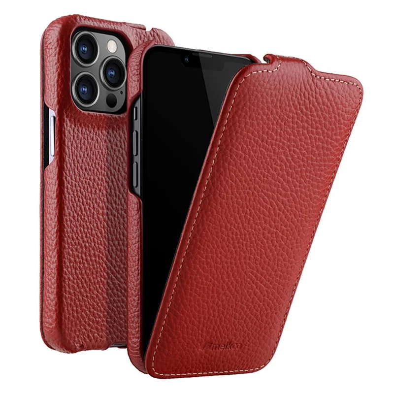 MELKCO voor iPhone 13 Pro Litchi-structuur hoesje Echt koeienleer+PC Verticaal flip achterklep - Rood