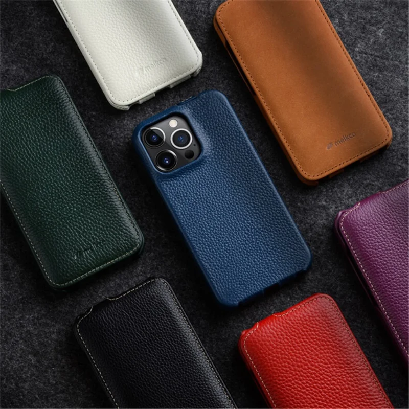 MELKCO voor iPhone 13 Pro Litchi-structuur hoesje Echt koeienleer+PC Verticaal flip achterklep - Rood