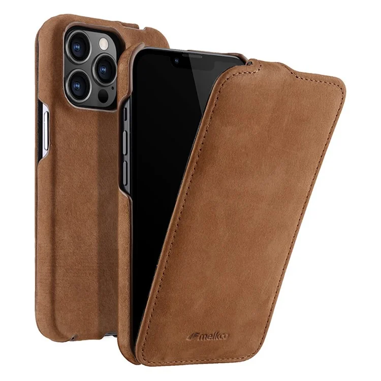 MELKCO Per iPhone 12 / 12 Pro Custodia Flip Telefono Verticale in Vera Pelle Bovina+Copertura Opaca in PC - Caffè