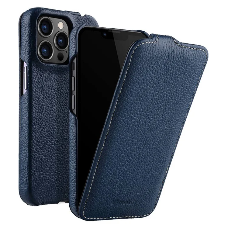 MELKCO For iPhone 13 Pro Max Phone Protective Shell Litchi Texture Genuine Cow Leather+PC Vertical Flip Case - Dark Blue