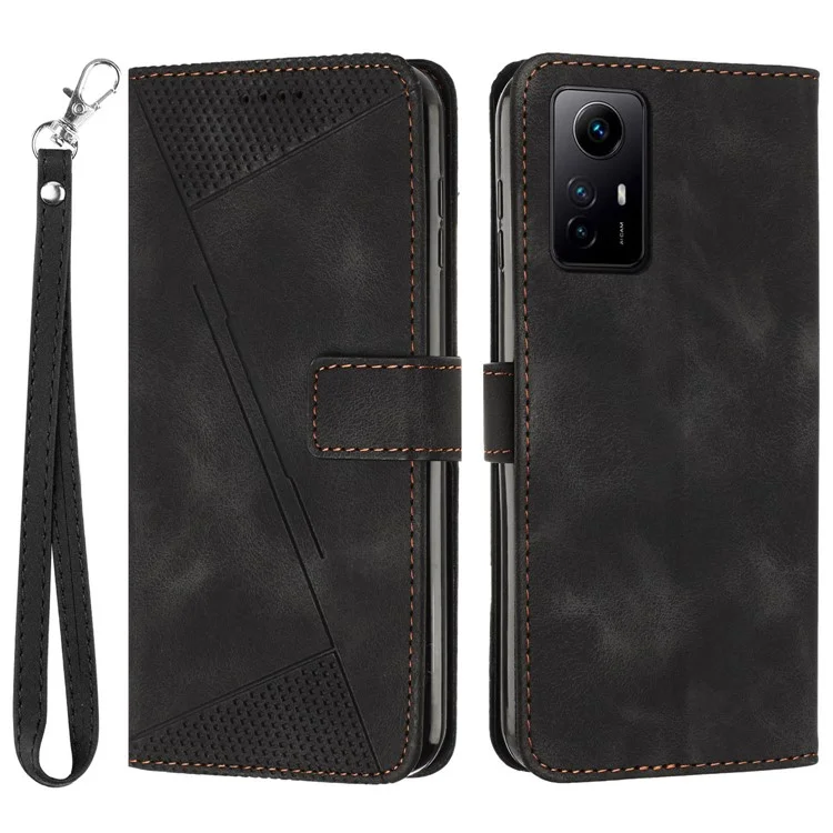 Triangle Imprint Leather Cover for Xiaomi Redmi Note 12S 4G Anti-scratch Wallet Stand Phone Case with Strap - Black