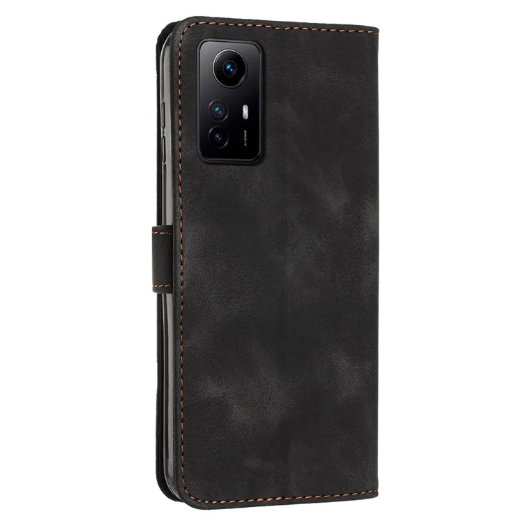 Triangle Imprint Leather Cover for Xiaomi Redmi Note 12S 4G Anti-scratch Wallet Stand Phone Case with Strap - Black