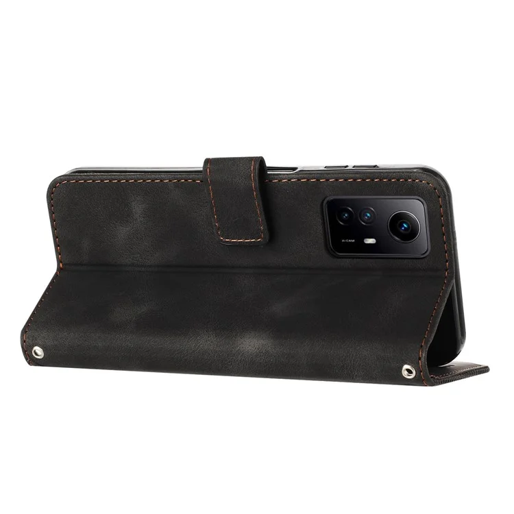 Triangle Imprint Leather Cover for Xiaomi Redmi Note 12S 4G Anti-scratch Wallet Stand Phone Case with Strap - Black