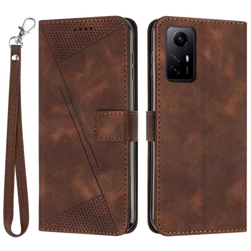 Triangle Imprint Leather Cover for Xiaomi Redmi Note 12S 4G Anti-scratch Wallet Stand Phone Case with Strap - Brown