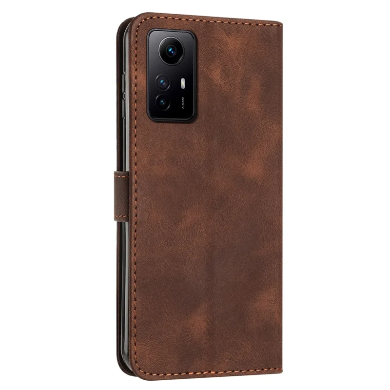 Triangle Imprint Leather Cover for Xiaomi Redmi Note 12S 4G Anti-scratch Wallet Stand Phone Case with Strap - Brown