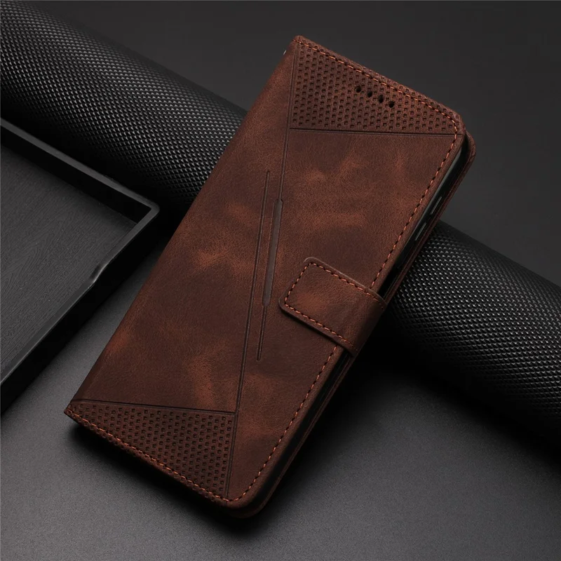 Triangle Imprint Leather Cover for Xiaomi Redmi Note 12S 4G Anti-scratch Wallet Stand Phone Case with Strap - Brown