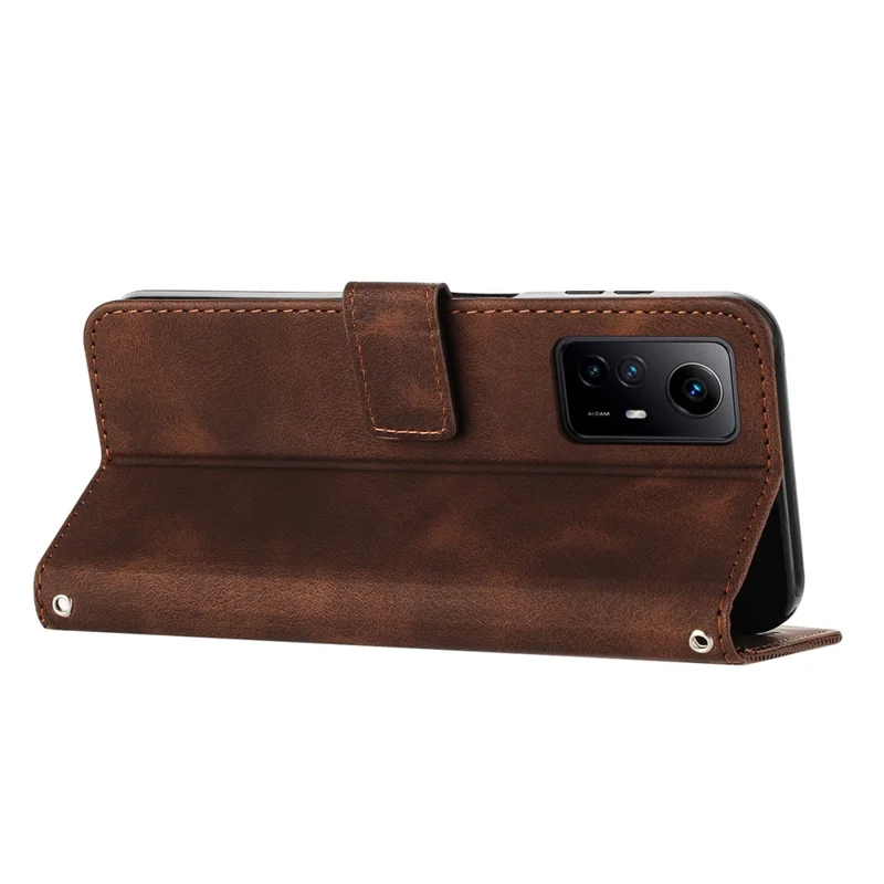 Triangle Imprint Leather Cover for Xiaomi Redmi Note 12S 4G Anti-scratch Wallet Stand Phone Case with Strap - Brown