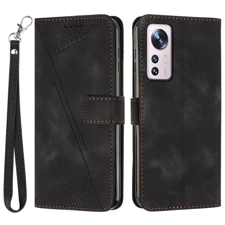 Para Xiaomi 12 5G / 12X 5G / 12S 5G Funda de Cuero con Estampado de Triángulo, Protección contra Caídas y Billetera con Soporte y Correa - Negro