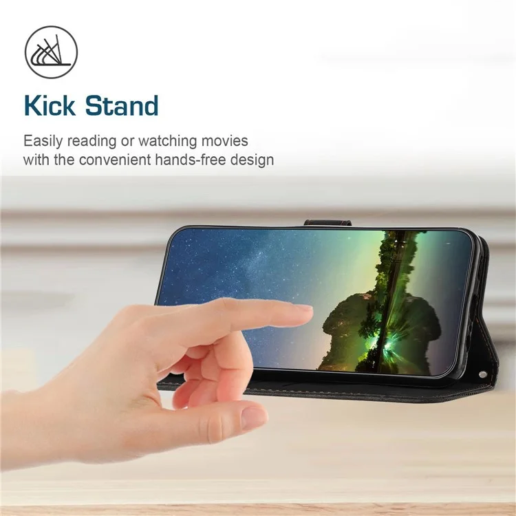Противоударный кожаный чехол для Motorola Moto G73 5G, кошелек-подставка с треугольным узором и ремешком - черный