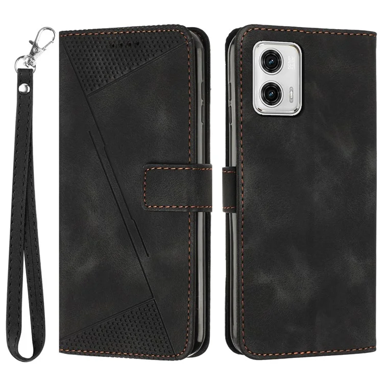 Für Motorola Moto G53 5G / G13 4G / G23 4G Leder-Brieftasche Abdeckung Bedruckt Faltbarer Ständer Handy-Hülle mit Riemen - Schwarz