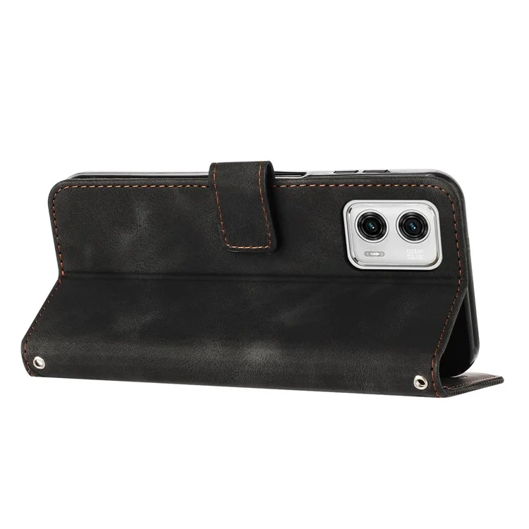 Für Motorola Moto G53 5G / G13 4G / G23 4G Leder-Brieftasche Abdeckung Bedruckt Faltbarer Ständer Handy-Hülle mit Riemen - Schwarz