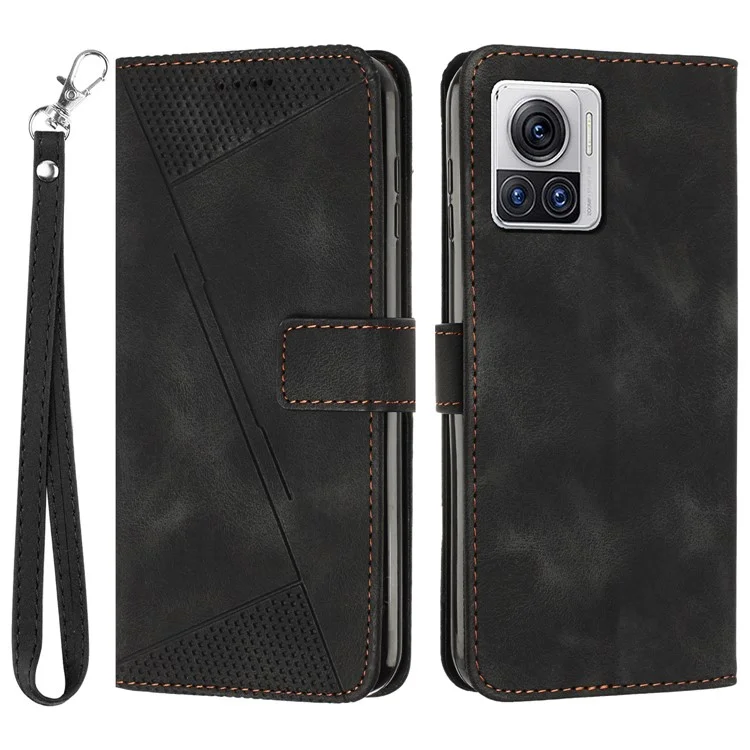 Funda de cuero para Motorola Moto X30 Pro 5G / Edge 30 Ultra 5G, funda de teléfono con soporte de cartera con estampado de triángulo anti-caída y correa - Negro