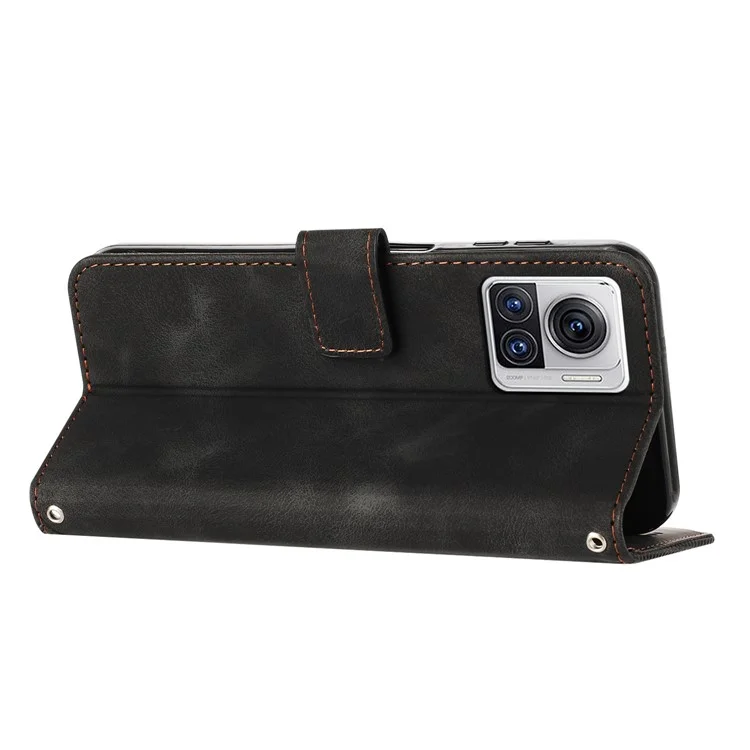 Funda de cuero para Motorola Moto X30 Pro 5G / Edge 30 Ultra 5G, funda de teléfono con soporte de cartera con estampado de triángulo anti-caída y correa - Negro