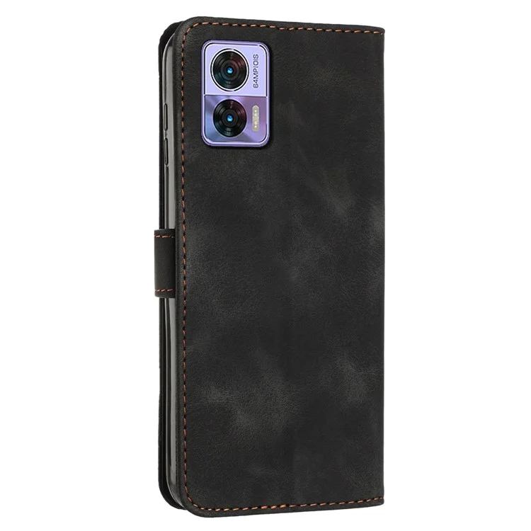 For Motorola Edge 30 Neo 5G Triangle Imprinted Cover Leather Cell Phone Wallet Stand Fall Proof Case with Strap - Black