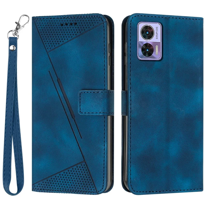 For Motorola Edge 30 Neo 5G Triangle Imprinted Cover Leather Cell Phone Wallet Stand Fall Proof Case with Strap - Sapphire