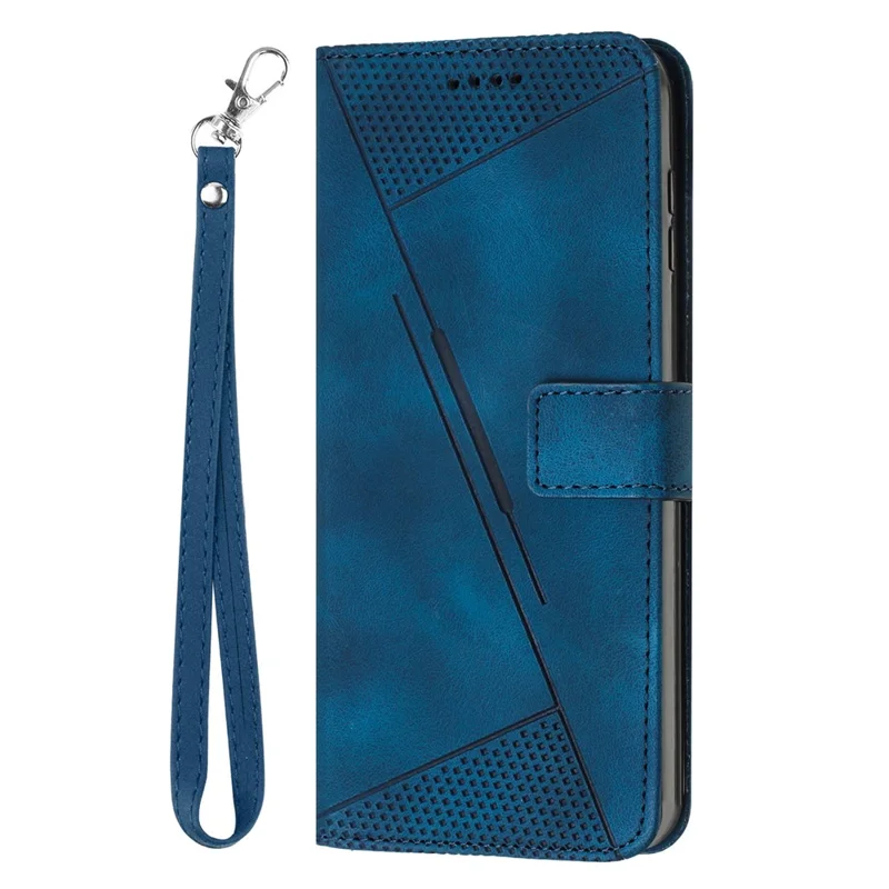 For Motorola Edge 30 Neo 5G Triangle Imprinted Cover Leather Cell Phone Wallet Stand Fall Proof Case with Strap - Sapphire