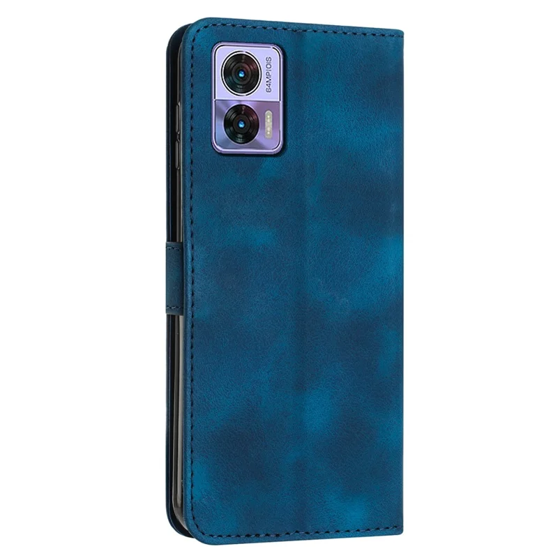 For Motorola Edge 30 Neo 5G Triangle Imprinted Cover Leather Cell Phone Wallet Stand Fall Proof Case with Strap - Sapphire