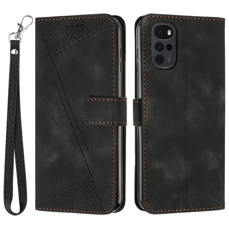 Leather Cover for Motorola Moto G22 , Drop Proof Triangle Imprint Wallet Stand Phone Case with Strap - Black