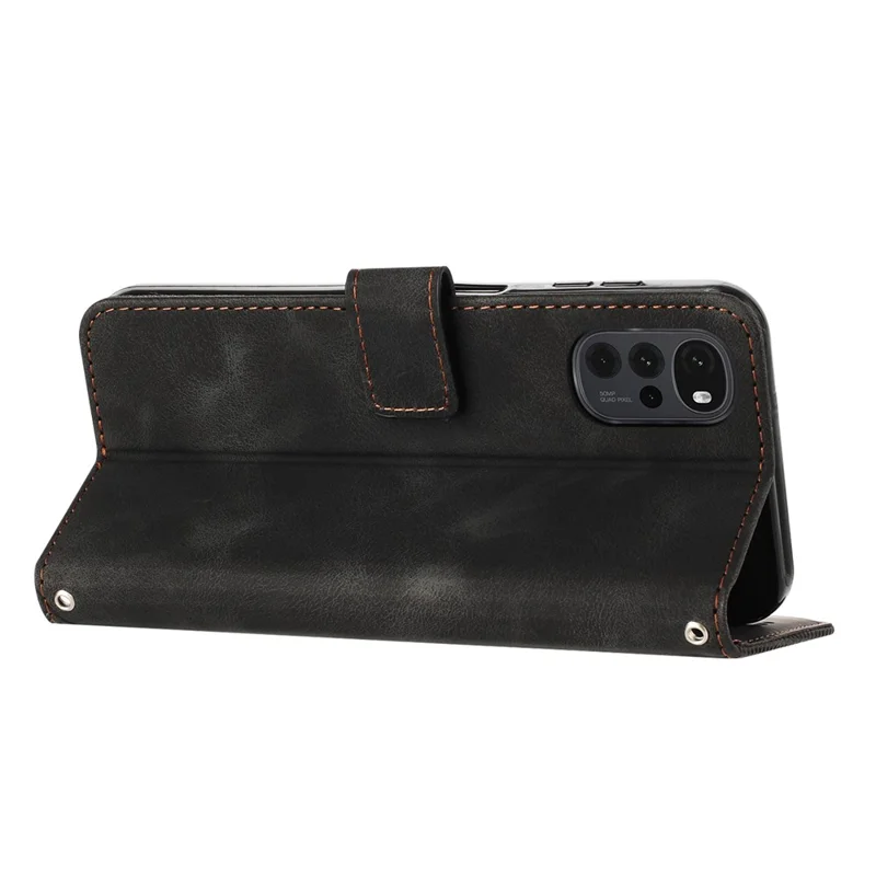 Leather Cover for Motorola Moto G22 , Drop Proof Triangle Imprint Wallet Stand Phone Case with Strap - Black