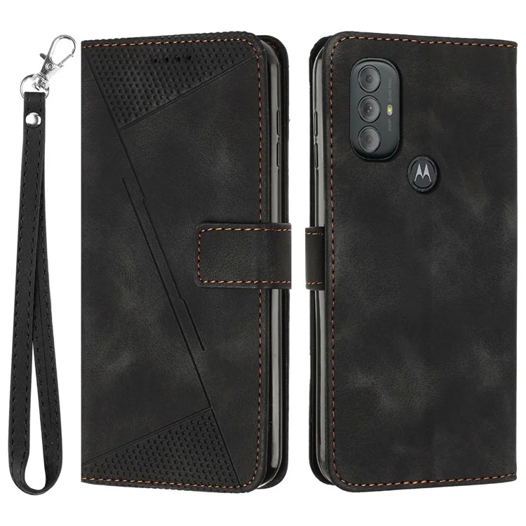 For Motorola Moto G Power (2022) / Moto G Play (2023) 4G Wallet Case Triangle Imprinted Leather Cell Phone Cover with Strap - Black