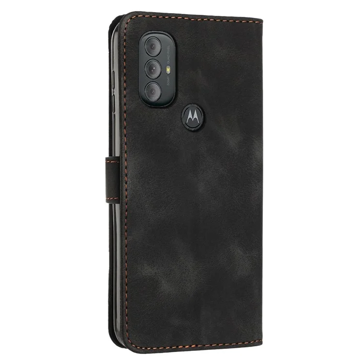 For Motorola Moto G Power (2022) / Moto G Play (2023) 4G Wallet Case Triangle Imprinted Leather Cell Phone Cover with Strap - Black