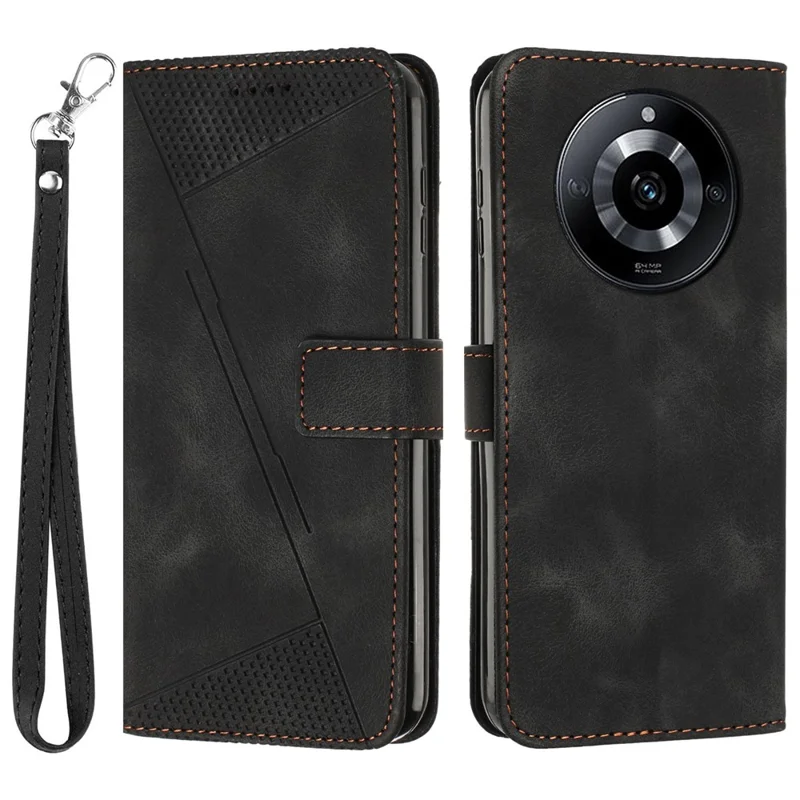 Leather Cover for Realme 11 Pro 5G / 11 Pro+ 5G , Triangle Imprint Wallet Foldable Stand Phone Case with Strap - Black