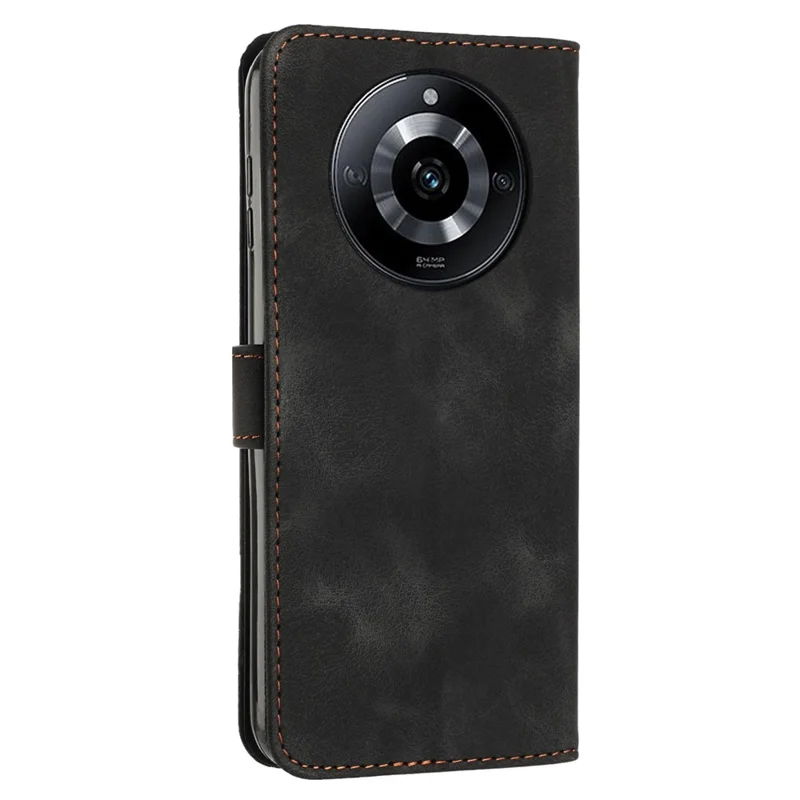 Leather Cover for Realme 11 Pro 5G / 11 Pro+ 5G , Triangle Imprint Wallet Foldable Stand Phone Case with Strap - Black