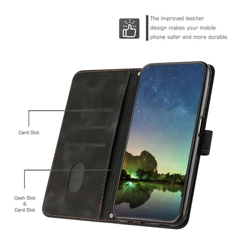 Leather Cover for Realme 11 Pro 5G / 11 Pro+ 5G , Triangle Imprint Wallet Foldable Stand Phone Case with Strap - Black