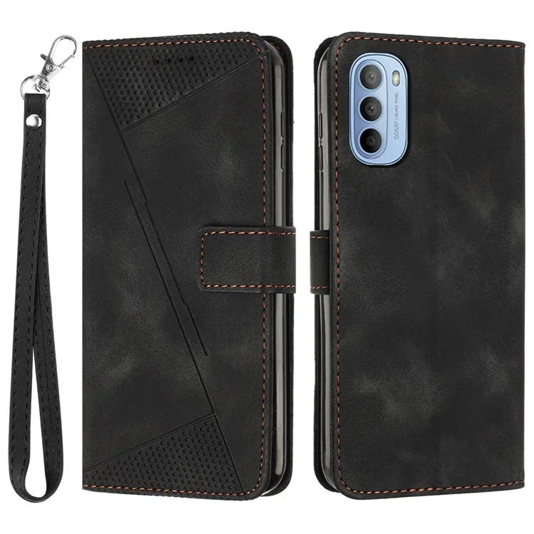 Leather Cover for Motorola Moto G Stylus 4G (2022) , Triangle Imprint Wallet Stand Anti-fall Phone Case with Strap - Black