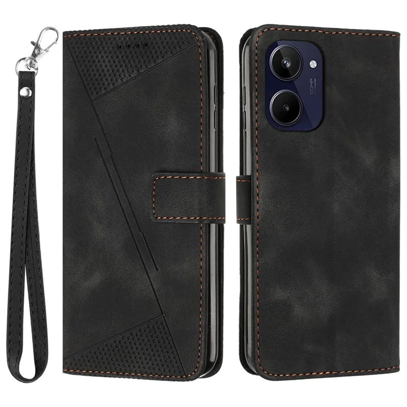 Wallet Cover für Realme 10 4G Anti-Fingerabdruck Dreieck geprägtes Leder Handy-Ständer-Hülle mit Gurt - Schwarz