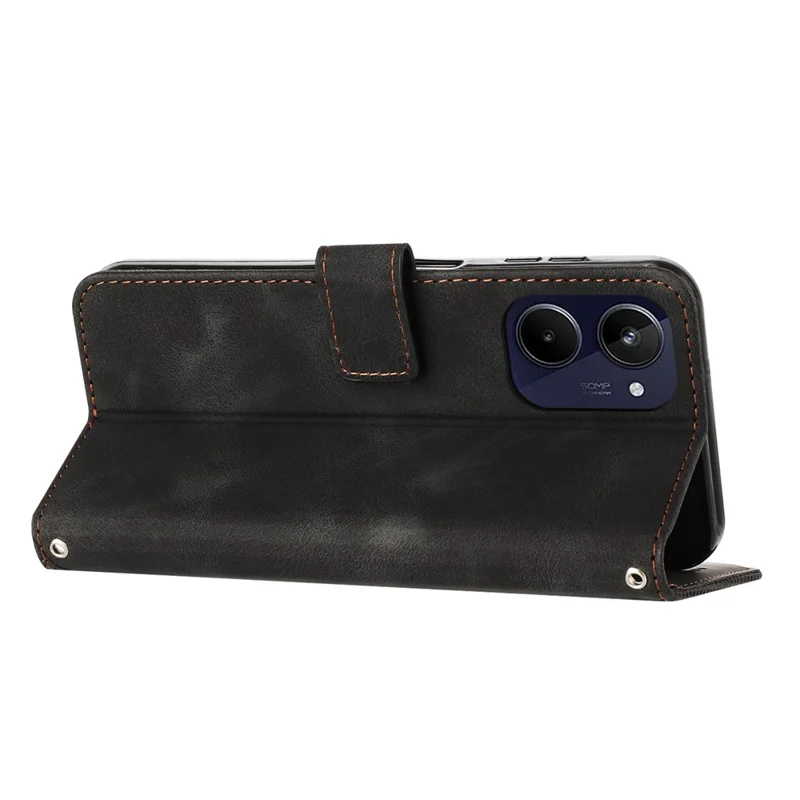 Wallet Cover für Realme 10 4G Anti-Fingerabdruck Dreieck geprägtes Leder Handy-Ständer-Hülle mit Gurt - Schwarz