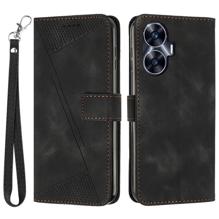 Wallet Cover for Realme C55 , Horizontal Stand Triangle Imprinted Leather Phone Case with Strap - Black