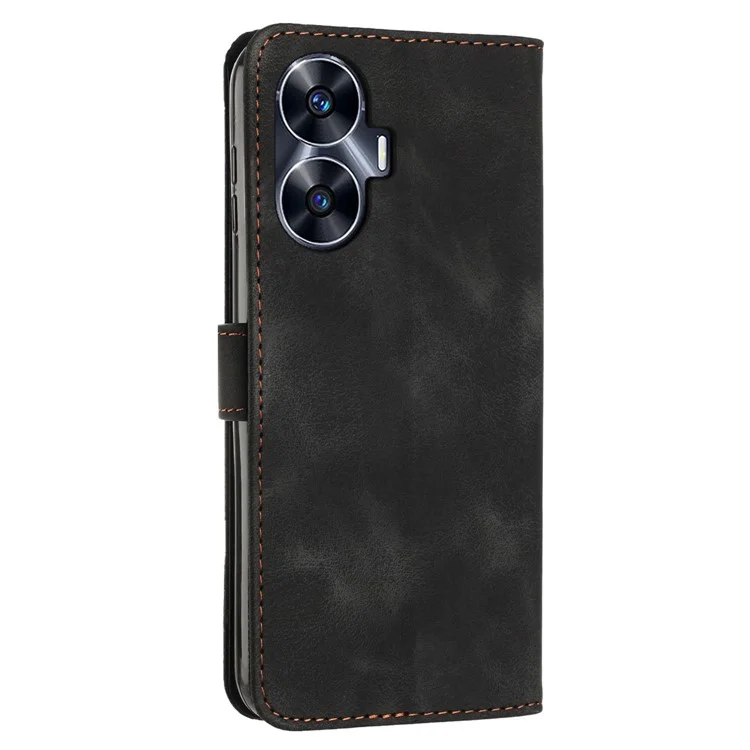 Wallet Cover for Realme C55 , Horizontal Stand Triangle Imprinted Leather Phone Case with Strap - Black