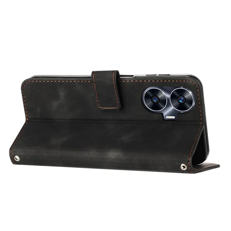 Wallet Cover for Realme C55 , Horizontal Stand Triangle Imprinted Leather Phone Case with Strap - Black