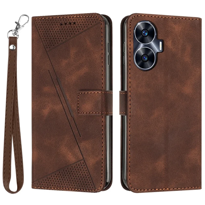 Wallet Cover for Realme C55 , Horizontal Stand Triangle Imprinted Leather Phone Case with Strap - Brown
