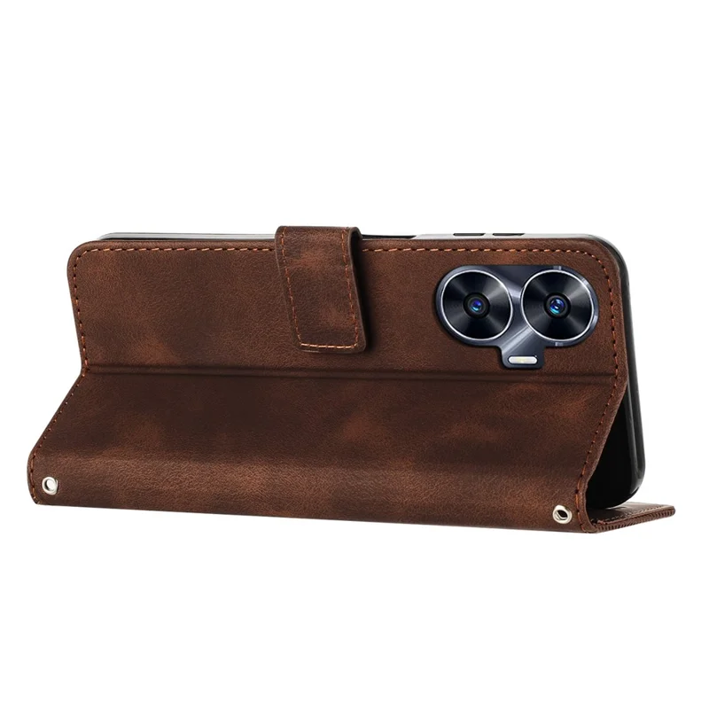 Wallet Cover for Realme C55 , Horizontal Stand Triangle Imprinted Leather Phone Case with Strap - Brown