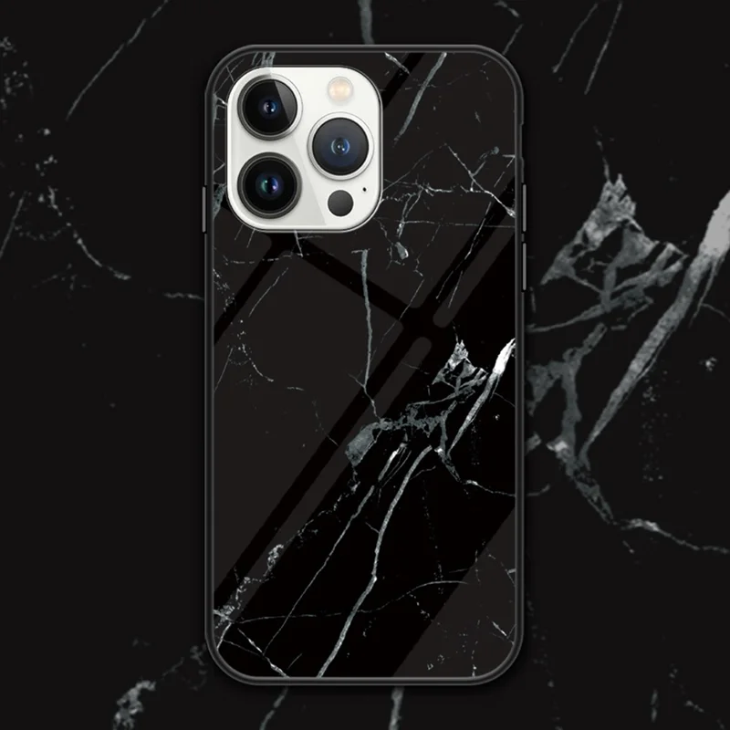 Back Cover for iPhone 15 Pro , Marble Pattern Tempered Glass+PC+TPU Anti-Scratch Phone Case - Black Marble