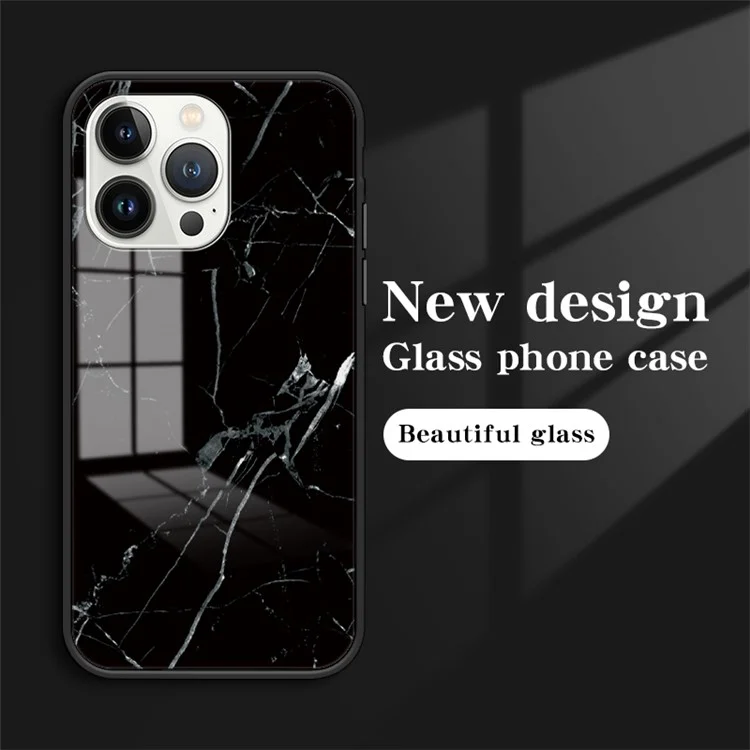 Back Cover for iPhone 15 Pro , Marble Pattern Tempered Glass+PC+TPU Anti-Scratch Phone Case - Black Marble