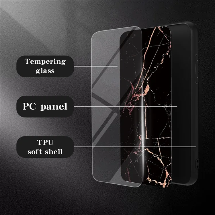 Back Cover for iPhone 15 Pro , Marble Pattern Tempered Glass+PC+TPU Anti-Scratch Phone Case - Black Marble