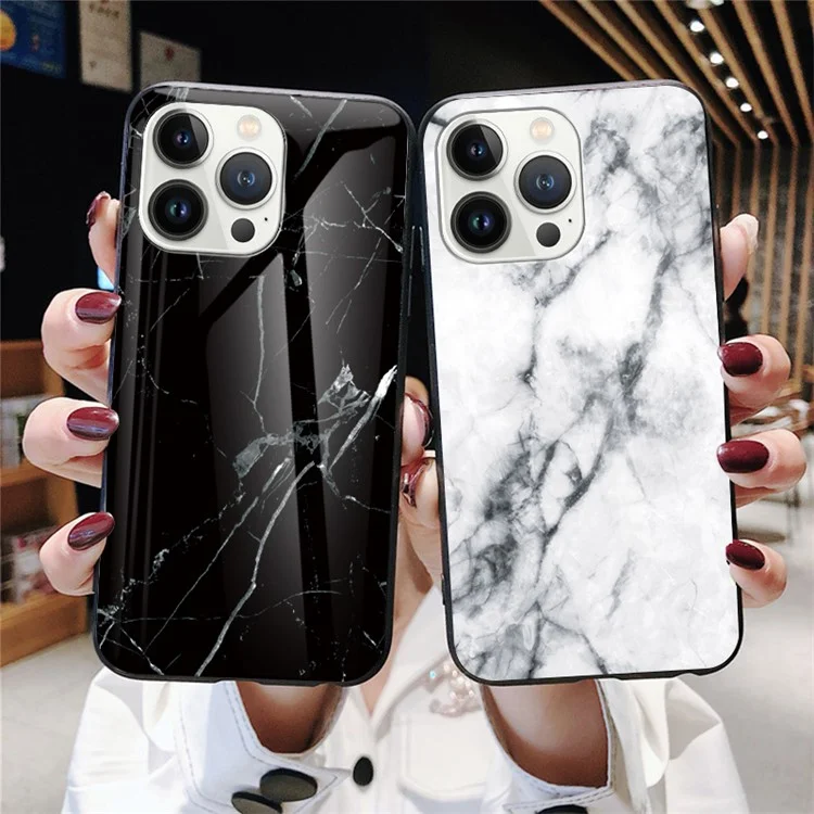 Back Cover for iPhone 15 Pro , Marble Pattern Tempered Glass+PC+TPU Anti-Scratch Phone Case - Black Marble
