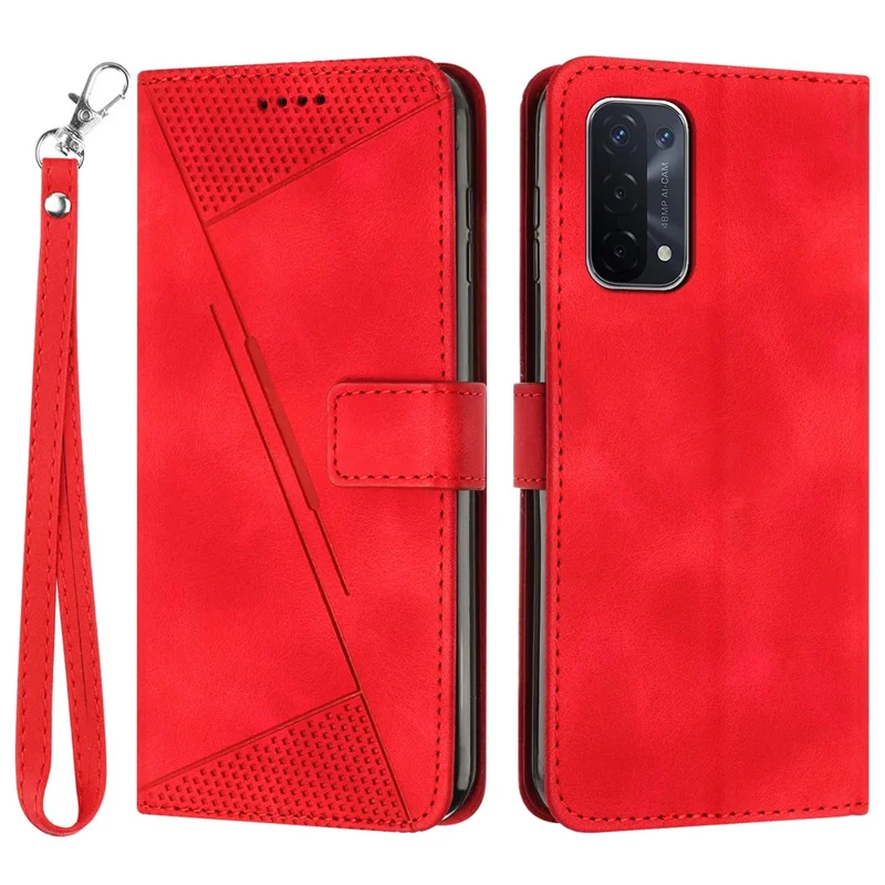 For Oppo A74 5G / A93 5G / A54 5G Folding Stand Wallet Mobile Case Triangle Imprint Leather Cover with Strap - Red