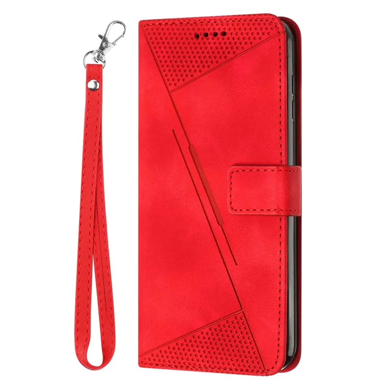 For Oppo A74 5G / A93 5G / A54 5G Folding Stand Wallet Mobile Case Triangle Imprint Leather Cover with Strap - Red