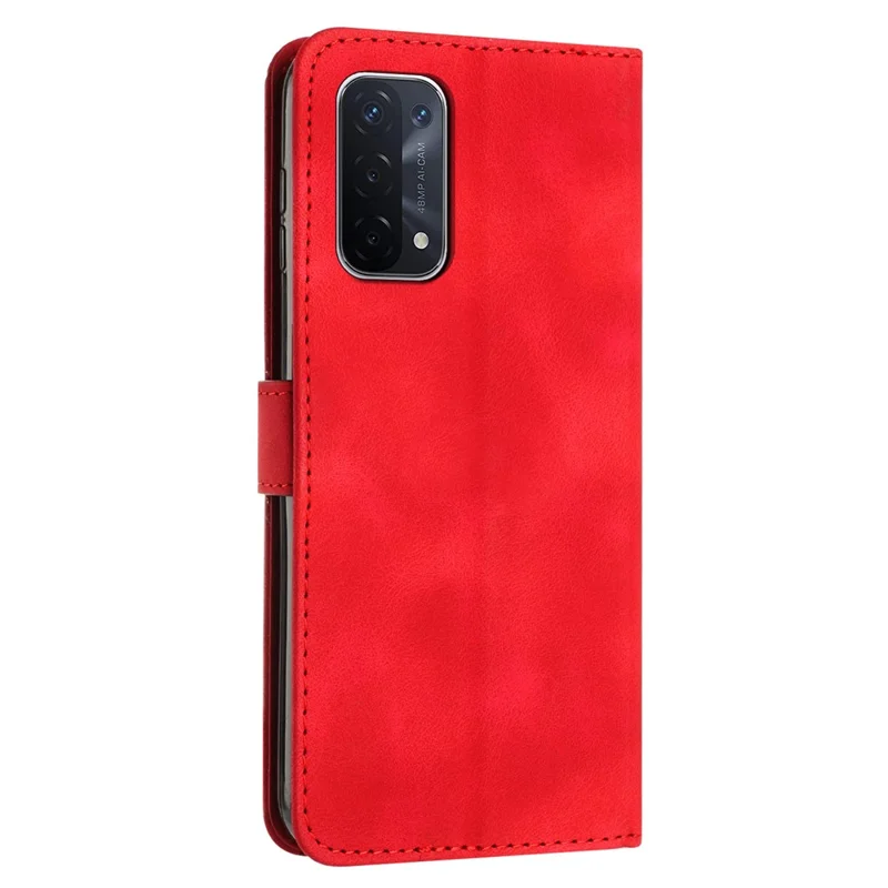 For Oppo A74 5G / A93 5G / A54 5G Folding Stand Wallet Mobile Case Triangle Imprint Leather Cover with Strap - Red