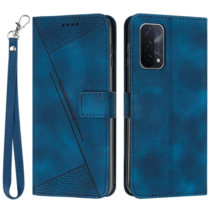 Pour Oppo A74 5G / A93 5G / A54 5G Folding Stand Wallet Mobile Case Triangle Imprint Leather Cover with Strap - Saphir