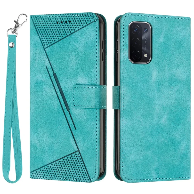 Para Oppo A74 5G / A93 5G / A54 5G Folding Stand Wallet Mobile Case Triangle Imprint Leather Cover with Strap - Verde