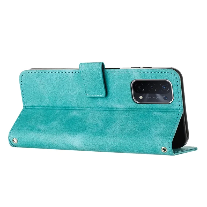 Para Oppo A74 5G / A93 5G / A54 5G Folding Stand Wallet Mobile Case Triangle Imprint Leather Cover with Strap - Verde